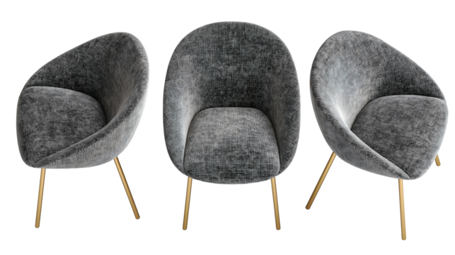 Collection of contemporary gray houndstooth pattern upholstered accent chairs, different angles with curved backs and natural wood legs, transparent png.