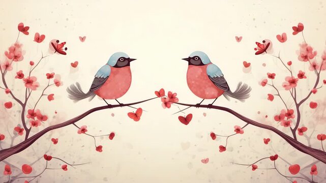 Concept of love and valentine day. Birds perched on branch of tree in spring season. Valentines day card with cute couple of birds and copy space. Illustrative video with two birds on heart background - Powered by Adobe