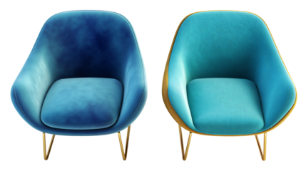
Two modern velvet accent chairs in blue and turquoise with golden brass legs isolated on transparent background.