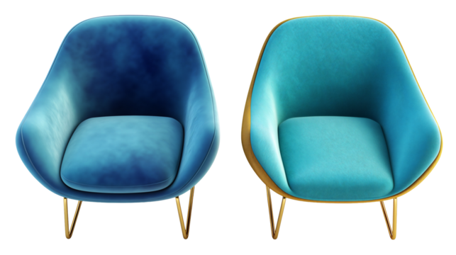 
Two modern velvet accent chairs in blue and turquoise with golden brass legs isolated on transparent background.