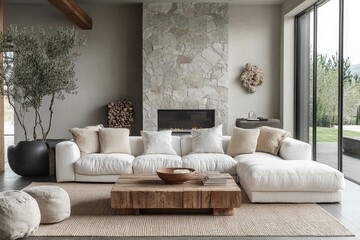 Fototapeta premium Rustic white upholstered sofa made from solid wood, set in a modern living room with stone decor pieces, Generative AI