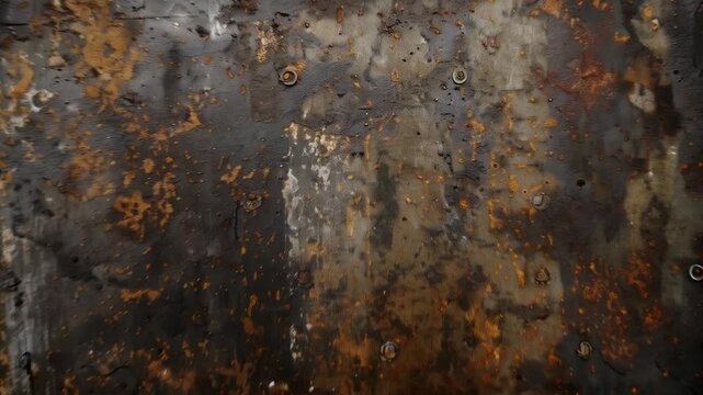 Close-up of a rusty metal surface with paint peeling and corrosion marks, conveying a sense of time and wear and tear. Applicable in industrial design, art installations and thematic photo shoots.
