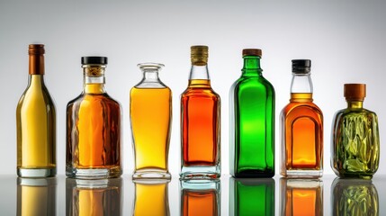 The array of beautifully designed glass bottles showcasing various liquors and beverages.