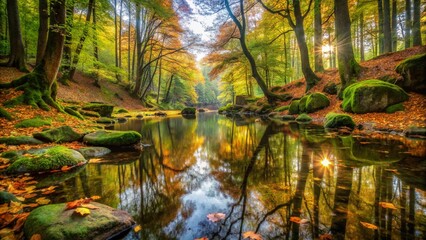 Autumnal reflections grace the scenic river flowing through a vibrant forest and park landscape