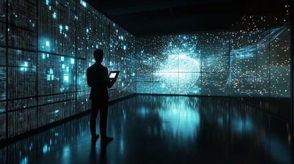 A person stands before a digital display of interconnected data.