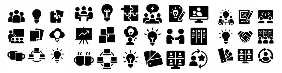 Business and teamwork icons set – solid, filled, collaboration symbols