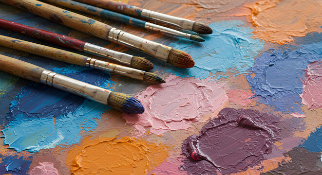 A collection of paintbrushes rests on a palette with vibrant, colorful oil paint ready for the next artistic creation.