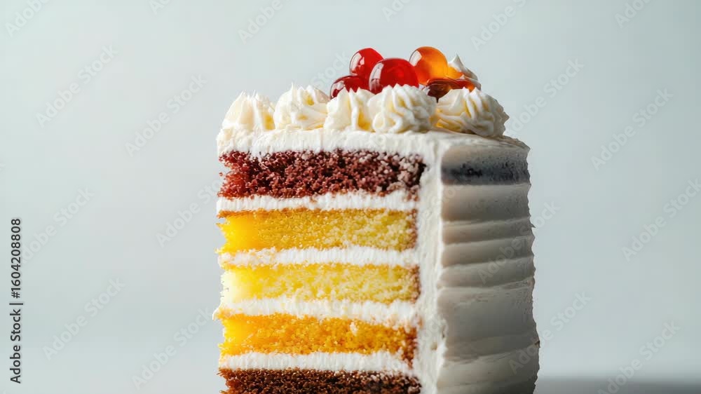 Poster multi-layered cake slice with frosting and cherries on top