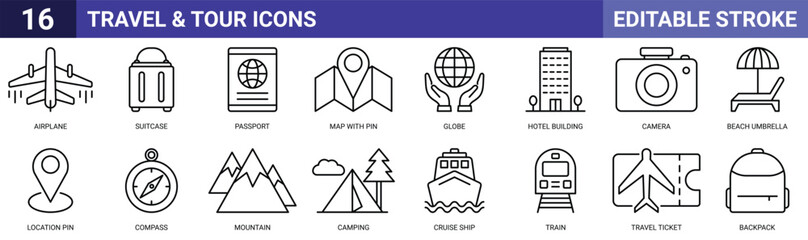 Travel & Tour Icons Set Editable Stroke – Airplane, Suitcase, Passport, Map Pin, Globe, Hotel, Camera, Beach Umbrella, Compass, Mountain, Camping, Cruise Ship, Train, Travel Ticket, Backpack Vector