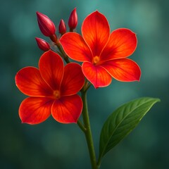 Fototapeta premium Vibrant Red Plumeria Flowers with Green Leaves on Soft Focus Background