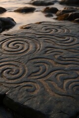 Ancient Stone with Spiral Carvings by Water at Sunset
