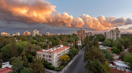 Naklejka premium urban sprawl in mexico captures essence of modern architecture beneath dramatic storm clouds emphasizing striking