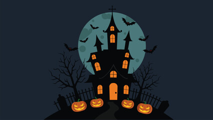 illustration of a spooky haunted house surrounded by glowing pumpkins under a full moon night, perfect for Halloween themes