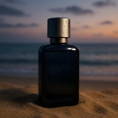 Dark Glass Perfume Bottle on Sandy Beach at Sunset