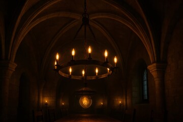 Obraz premium Medieval dining room illuminated by candlelight chandelier