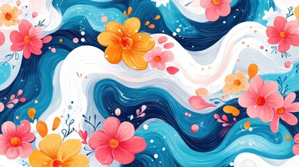 Abstract floral pattern with flowing water-like designs, featuring vibrant blossoms in shades of pink, orange, and yellow.
