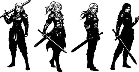 Four icons of a woman warrior with sword
