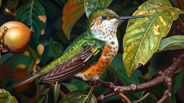 The vivid and detailed image of a hummingbird perched on a branch amidst greenery conveys the beauty and fragility of nature. Ideal for nature documentaries, educational materials and environmental pr