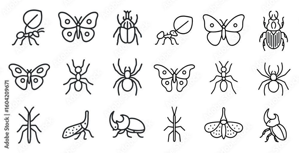 Poster insect and bug outline icons set – linear, line, nature symbols for design