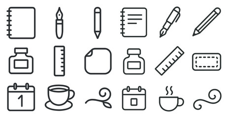 Obraz premium Office supplies line icons set – flat, linear, workspace and stationery symbols