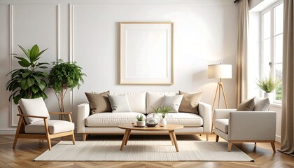 A calming living room ambiance with elegant decor and blank frame for personalization