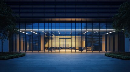 Modern glass-fronted corporate building at night, featuring a large open lobby area with people 