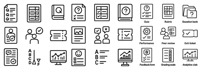 Educational tools outline icons set – quiz, rubric, learning assessment graphics