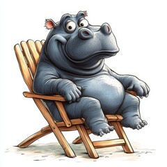 funny cartoon hippo sitting on a broken beach chair, isolated on a white background. This design reflects the concept of obesity and overweight, Generative AI