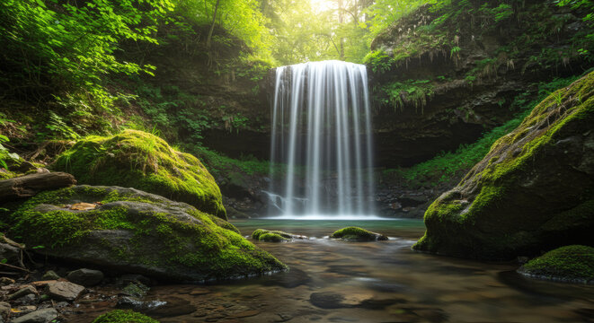 Serene Waterfall Landscape Mossy Rocks and Cascading Water in Green Forest