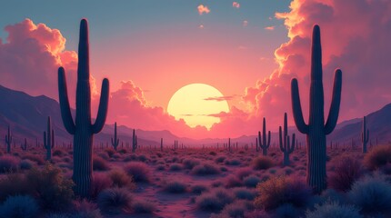 Colorful desert sunset with saguaro cacti against a vibrant pink and purple sky, creating a magical, dreamy atmosphere.