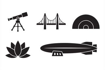 Simple Black and White Icons - Various Objects Including Telescope, Bridge, and Zeppelin © MD.sahadat