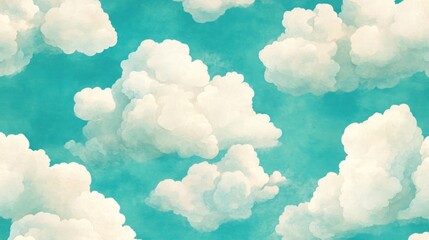 Whimsical, textured cloudscape against a teal sky.
