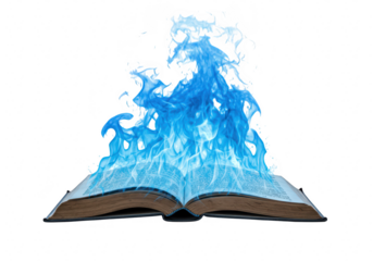 An open book engulfed in vibrant blue flames, symbolizing the power of knowledge and magic isolated on transparent background