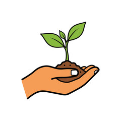 Illustration of a hand holding a sprouting plant in soil, representing growth, nature, and sustainable agriculture
