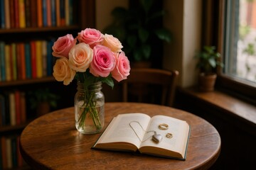 Pink roses, book, wedding rings and heart shaped locket resting on a table in a library
