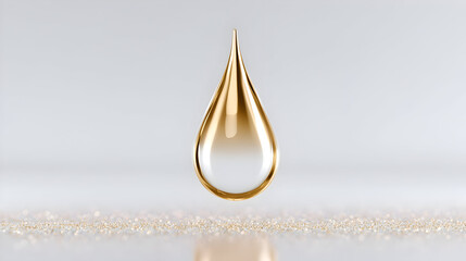 Fototapeta premium A single, perfect drop of liquid gold levitates over a glittery surface. Symbolizes a precious, pure, and luxurious essence or serum.