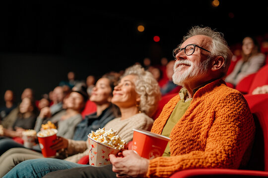 Senior man enjoying movie at cinema with popcorn and drink