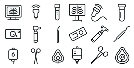 Medical equipment outline icons set &ndash; linear, healthcare, diagnostic tool symbols