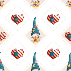 Seamless rhombus pattern with cute gnomes and hearts. Geometric vector sew texture with buttons and needle pad.
