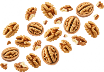 A scattering of fresh walnuts isolated on transparent background creates a visually appealing and nutritious composition