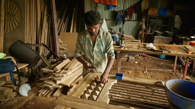 Woodworker assembles tiny timber shapes upon door frame
