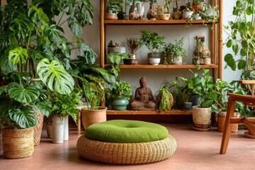 Lush indoor jungle room with potted plants and a green cushion