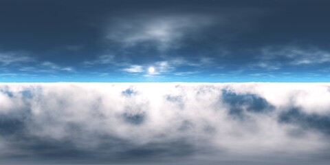 Obraz premium Panorama of clouds, HDRI, environment map , Round panorama, spherical panorama, equidistant projection, panorama 360, flying above the clouds,sky above the clouds, 3D rendering