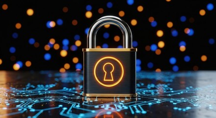 Padlock with glowing keyhole symbol on circuit board with bokeh lights security technology