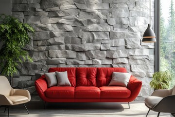 Red sofa and armchair placed against a stone 3D panel wall. Interior design of a modern living room, Generative AI
