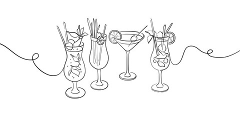 Alcoholic cocktail set glasses, continious line drawing.  Summer cocktail set outline. Vector illustration