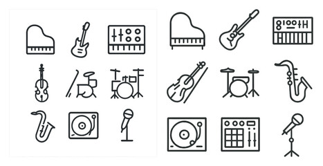 Obraz premium Music and instruments outline icons set – linear, solid, audio and band symbols