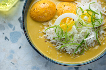 Close-up of egg curry with basmati rice and spring onion, horizontal shot, close-up, selective focus