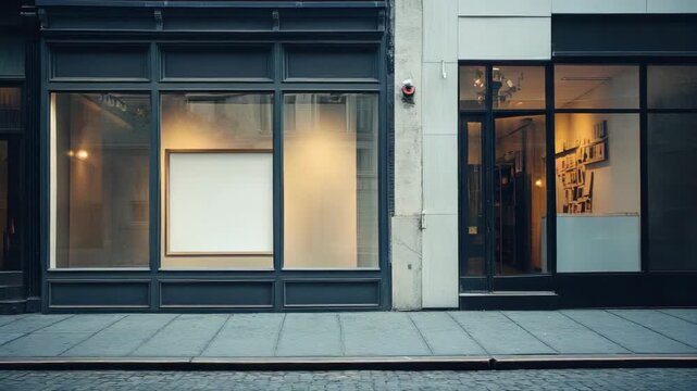 Empty storefront with large display window and gray exterior facing cobblestone street