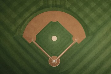 Aerial view of empty baseball diamond, sunny day